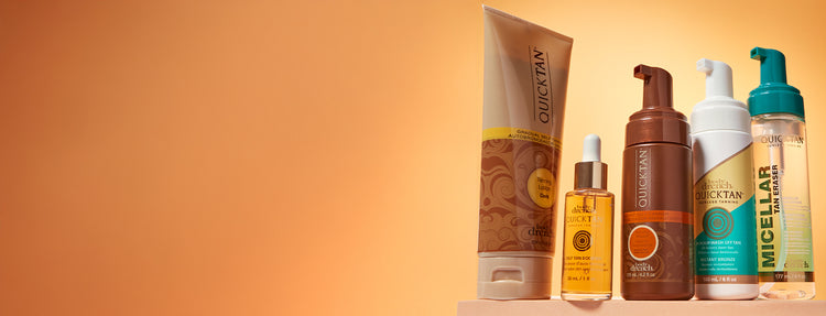 Three Body Drench Quicktan tanning products on a beige background
