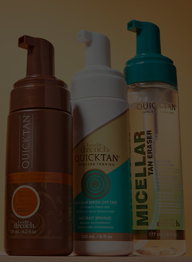 Three Body Drench Quicktan tanning products on a beige background