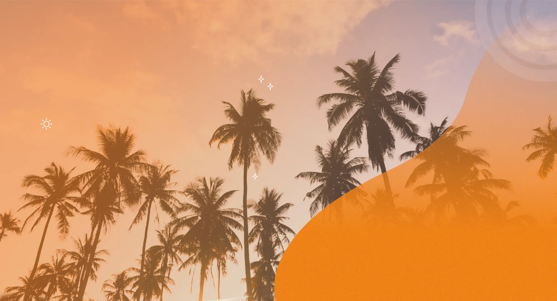 Silhouettes of palm trees against a sunset sky with an orange and pink gradient.
